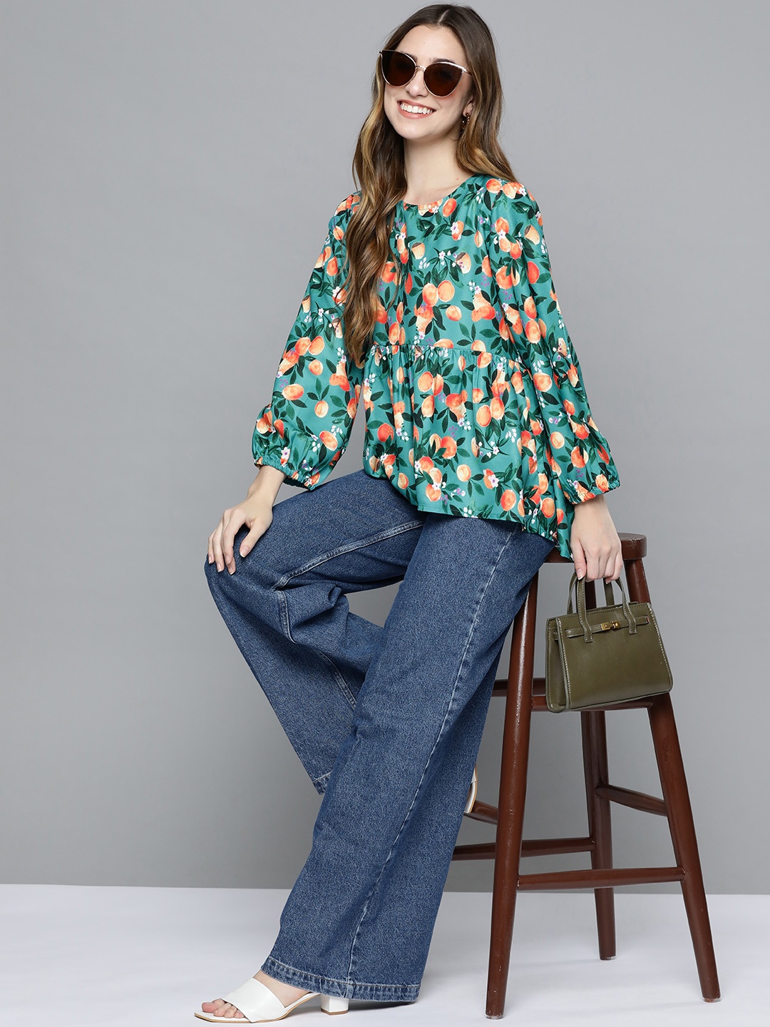 

HERE&NOW Green & Orange Floral Printed Top