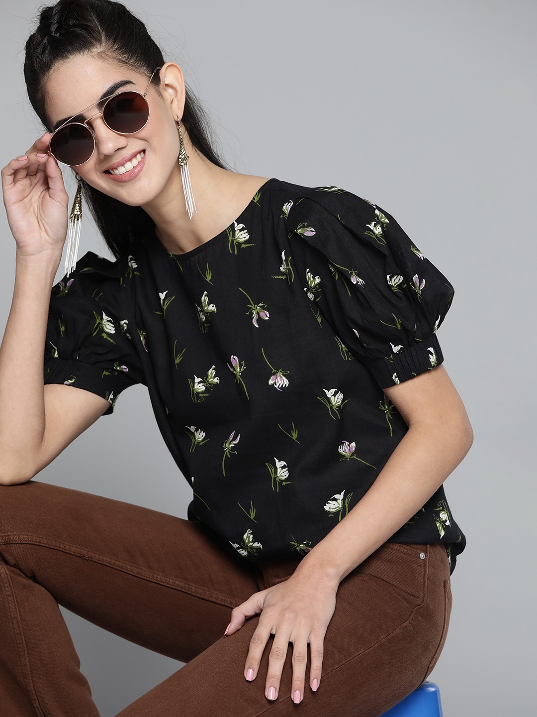 

HERE&NOW Black & White Floral Print Pure Cotton Top
