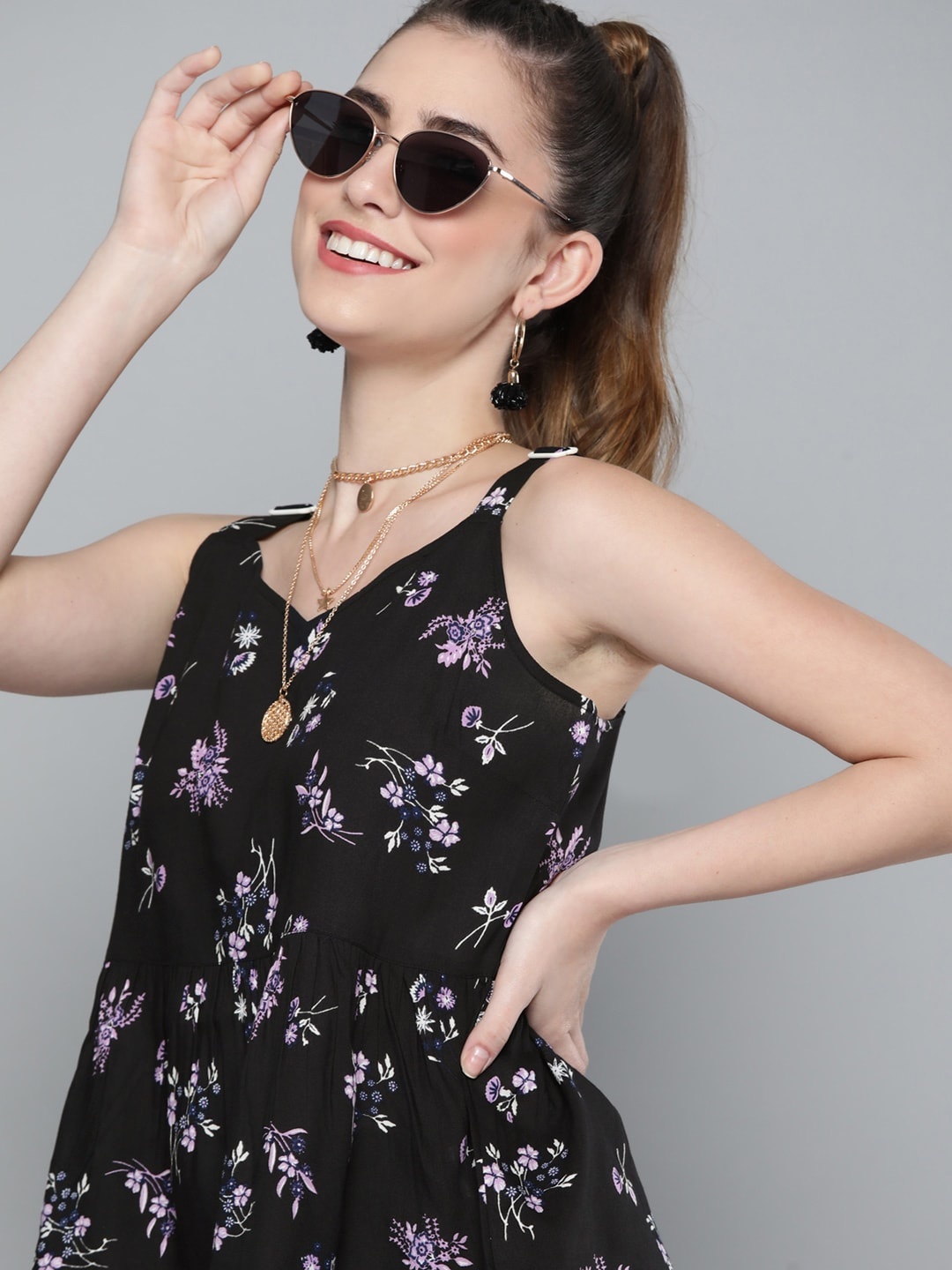 

HERE&NOW Women Black & White Floral Print Top