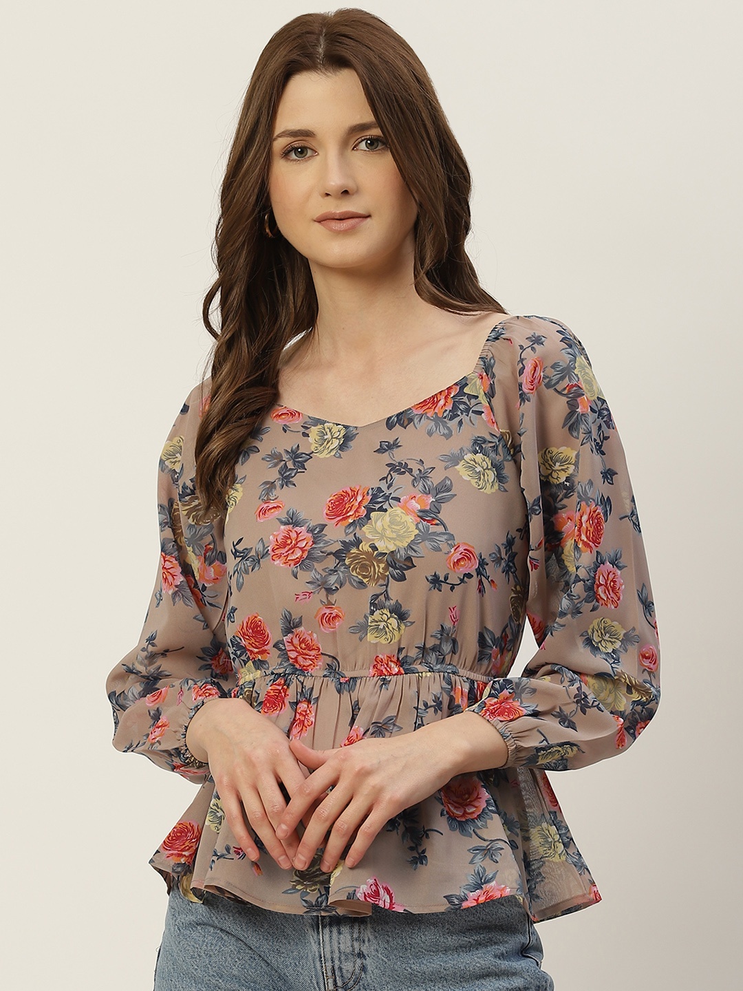 

Slenor Women Multicoloured Floral Sweetheart Neck Georgette Peplum Top, Multi