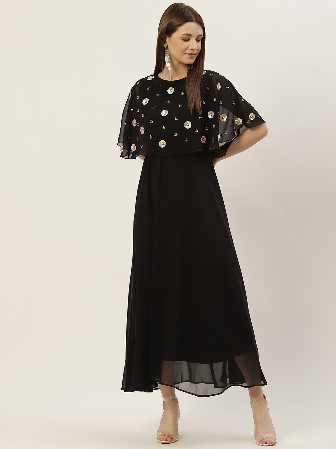 

Slenor Women Black Embellished Layered Georgette A-Line Maxi Dress