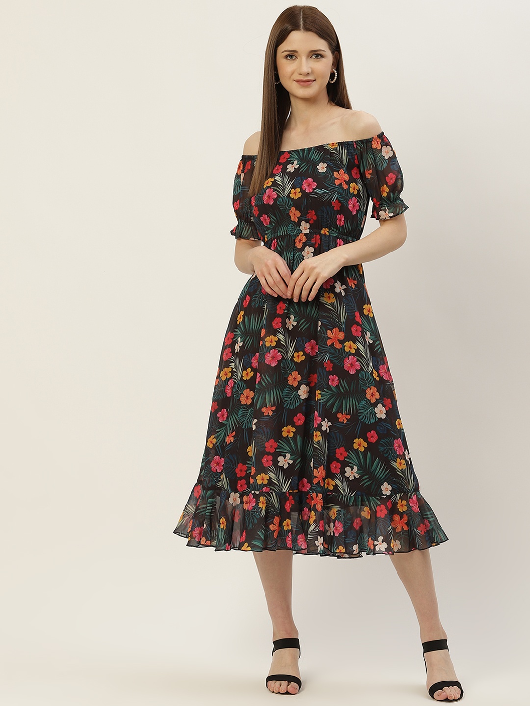 

Slenor Women Multicoloured Floral Off-Shoulder Georgette A-Line Midi Dress, Multi