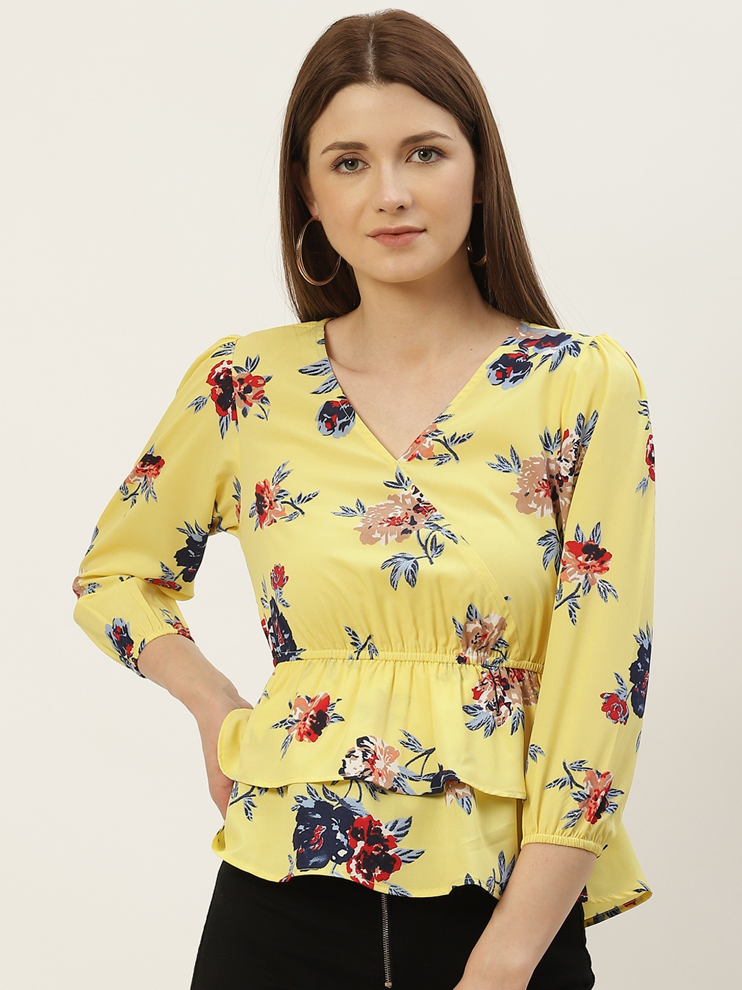 

Slenor Women Yellow Floral Layered Crepe Peplum Top