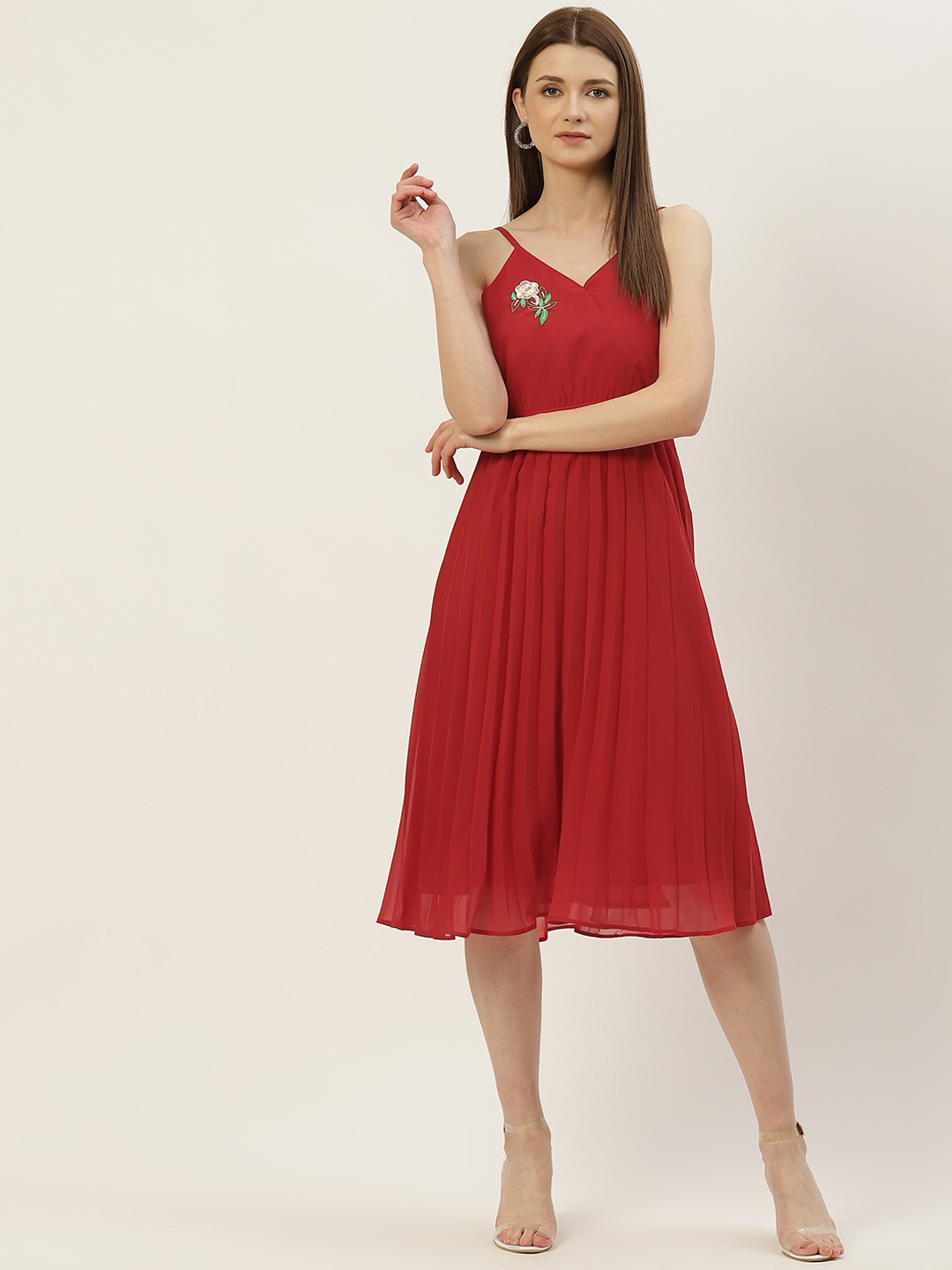 

Slenor Women Red Georgette A-Line Midi Dress