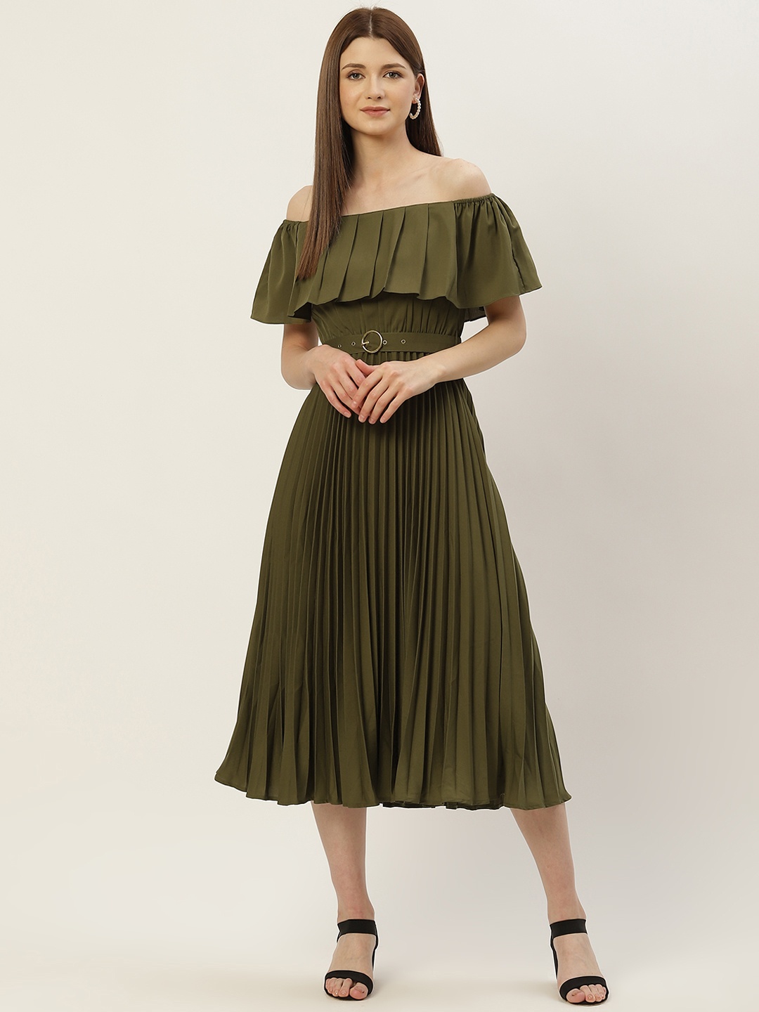 

Slenor Women Olive Green Off-Shoulder Pleated A-Line Midi Dress