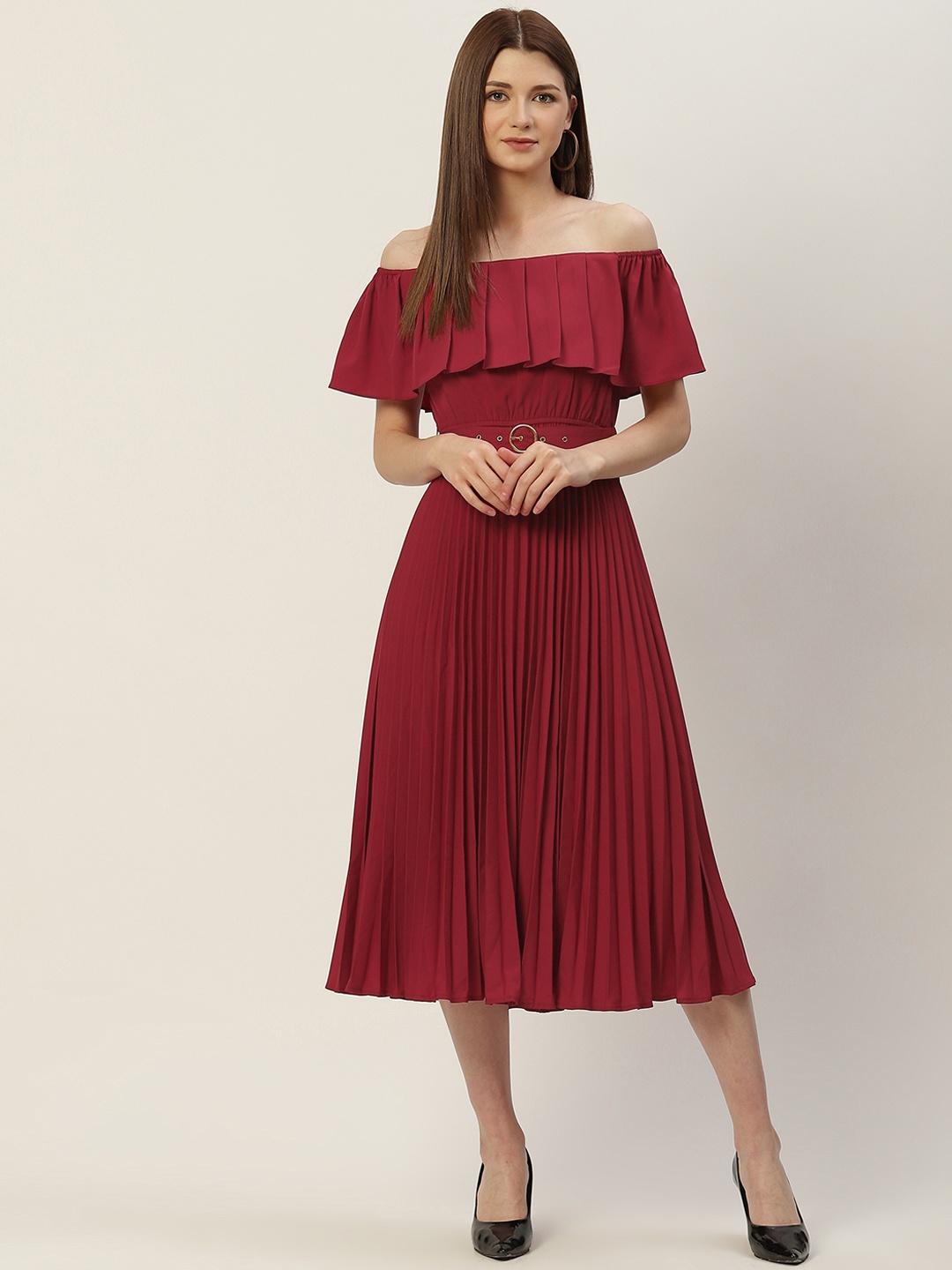 

Slenor Women Maroon Solid Off-Shoulder Pleated A-Line Midi Dress