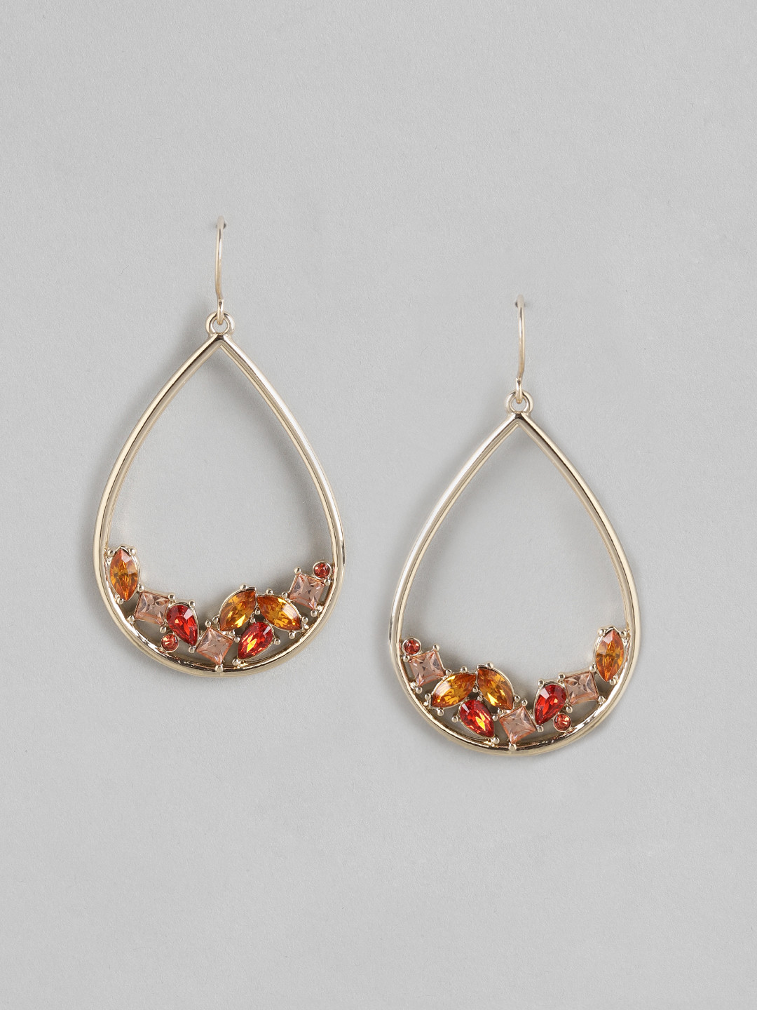 

Forever New Orange Gold-Plated Stone-Studded Teardrop Shaped Drop Earrings