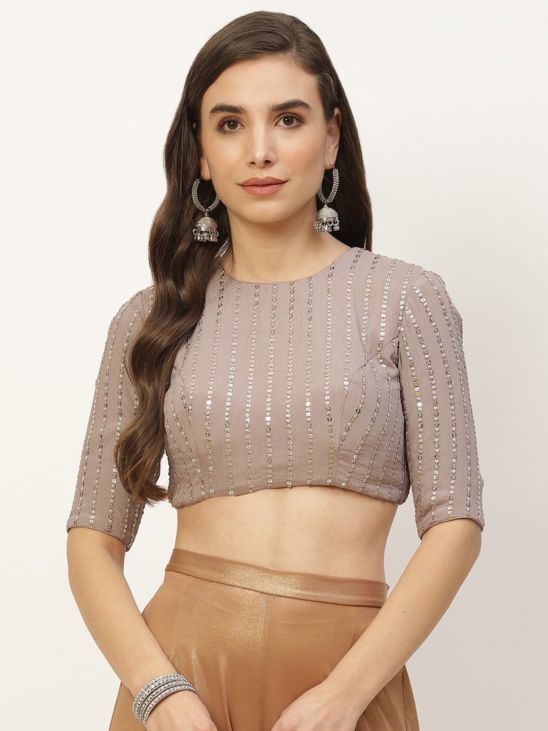

NDS Niharikaa Designer Studio Taupe Thread Sequinned Work Padded Readymade Party Blouse