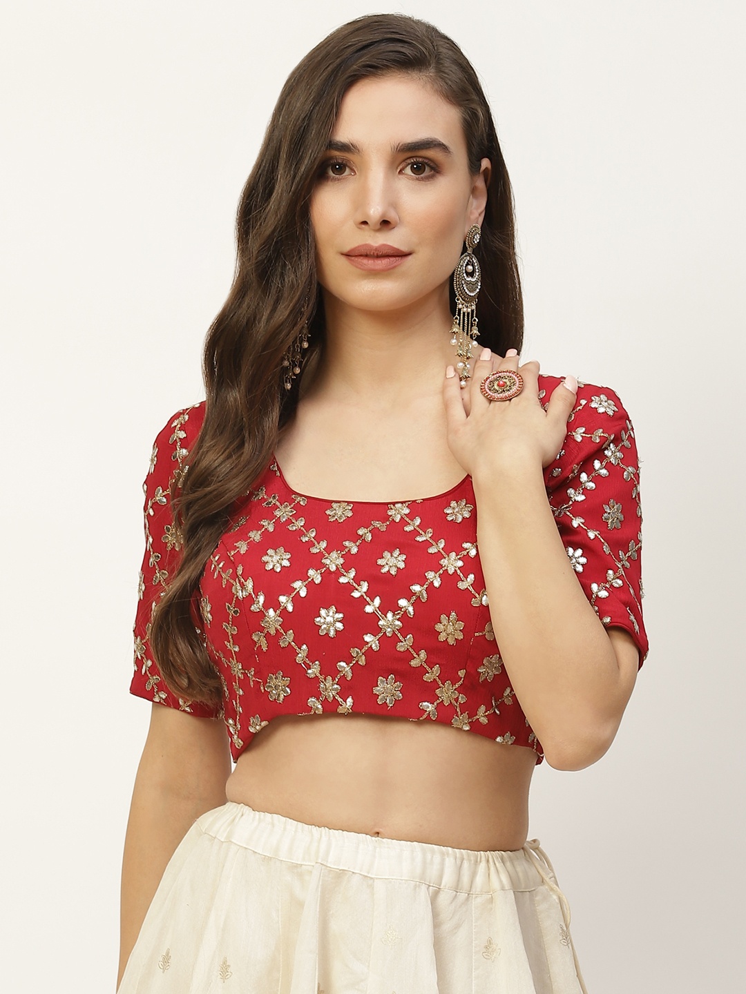 

NDS Niharikaa Designer Studio Maroon & Golden Gota Work Padded Readymade Blouse