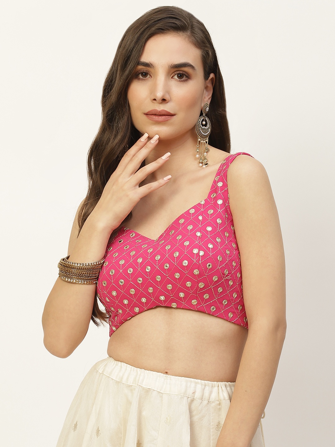 

NDS Niharikaa Designer Studio Pink Mirror & Zari Work Padded Readymade Blouse