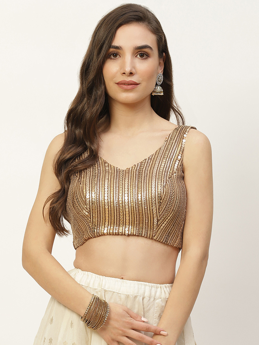

NDS Niharikaa Designer Studio Golden & Copper Sequinned Padded Readymade Saree Blouse, Gold
