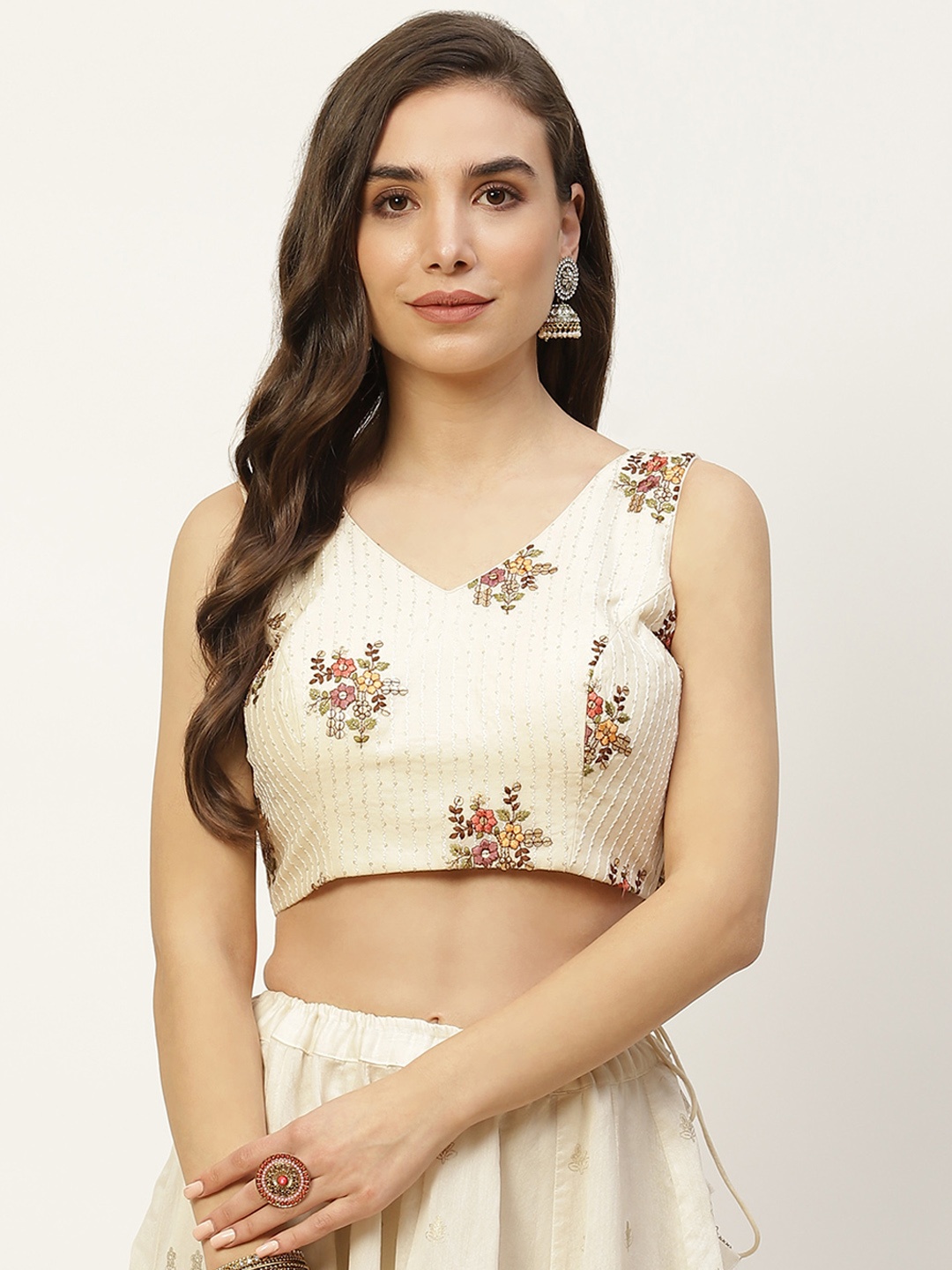 

NDS Niharikaa Designer Studio Off-White & Pink Cotton Embroidered Padded Readymade Blouse