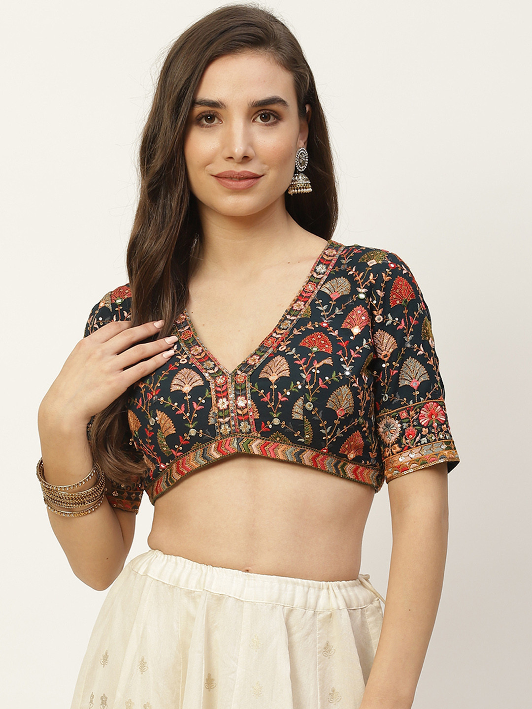 

NDS Niharikaa Designer Studio Green & Red Sequinned & Embroidered Padded Readymade Blouse