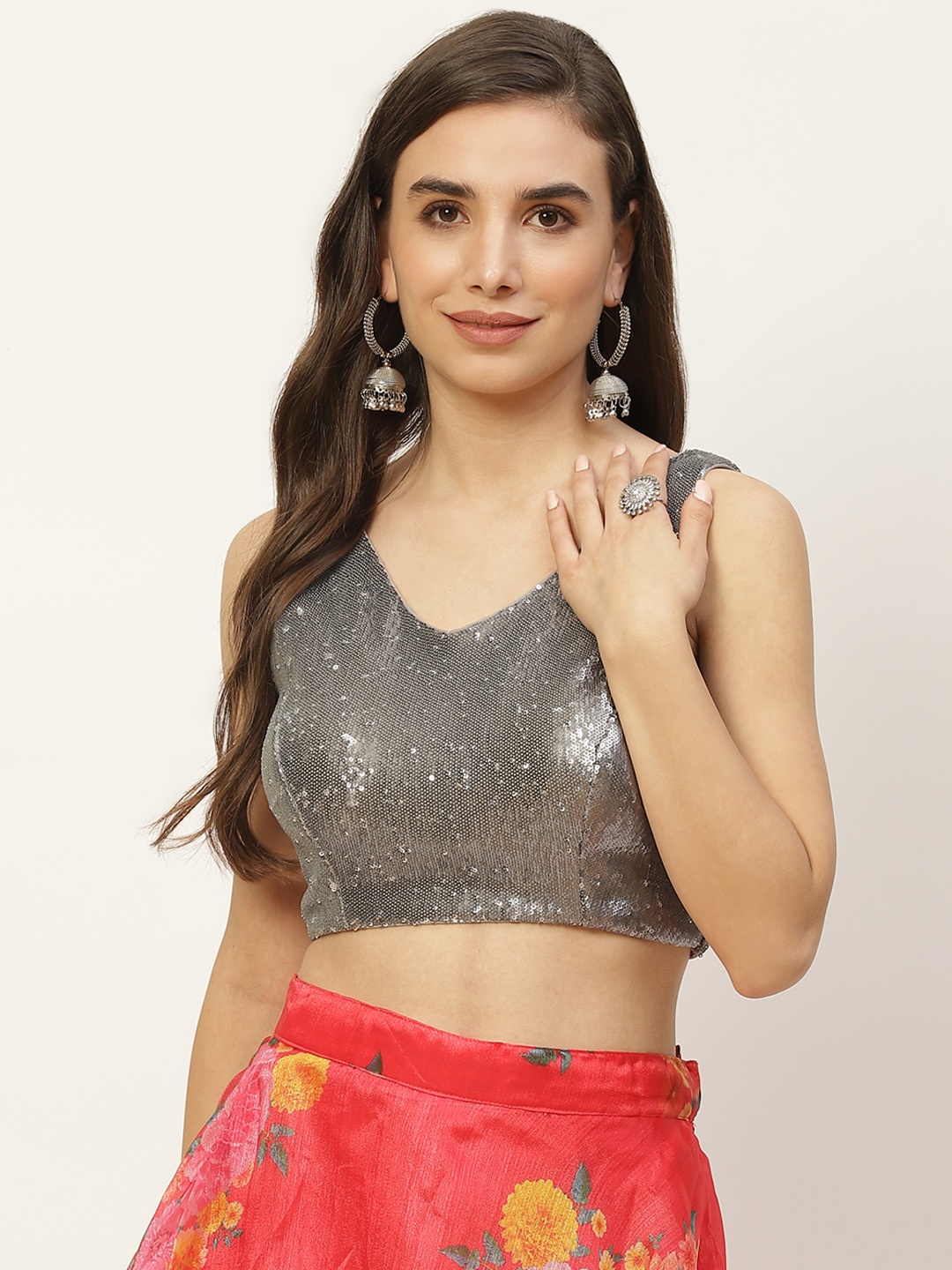 

NDS Niharikaa Designer Studio Women Silver Sequinned Padded Saree Blouse