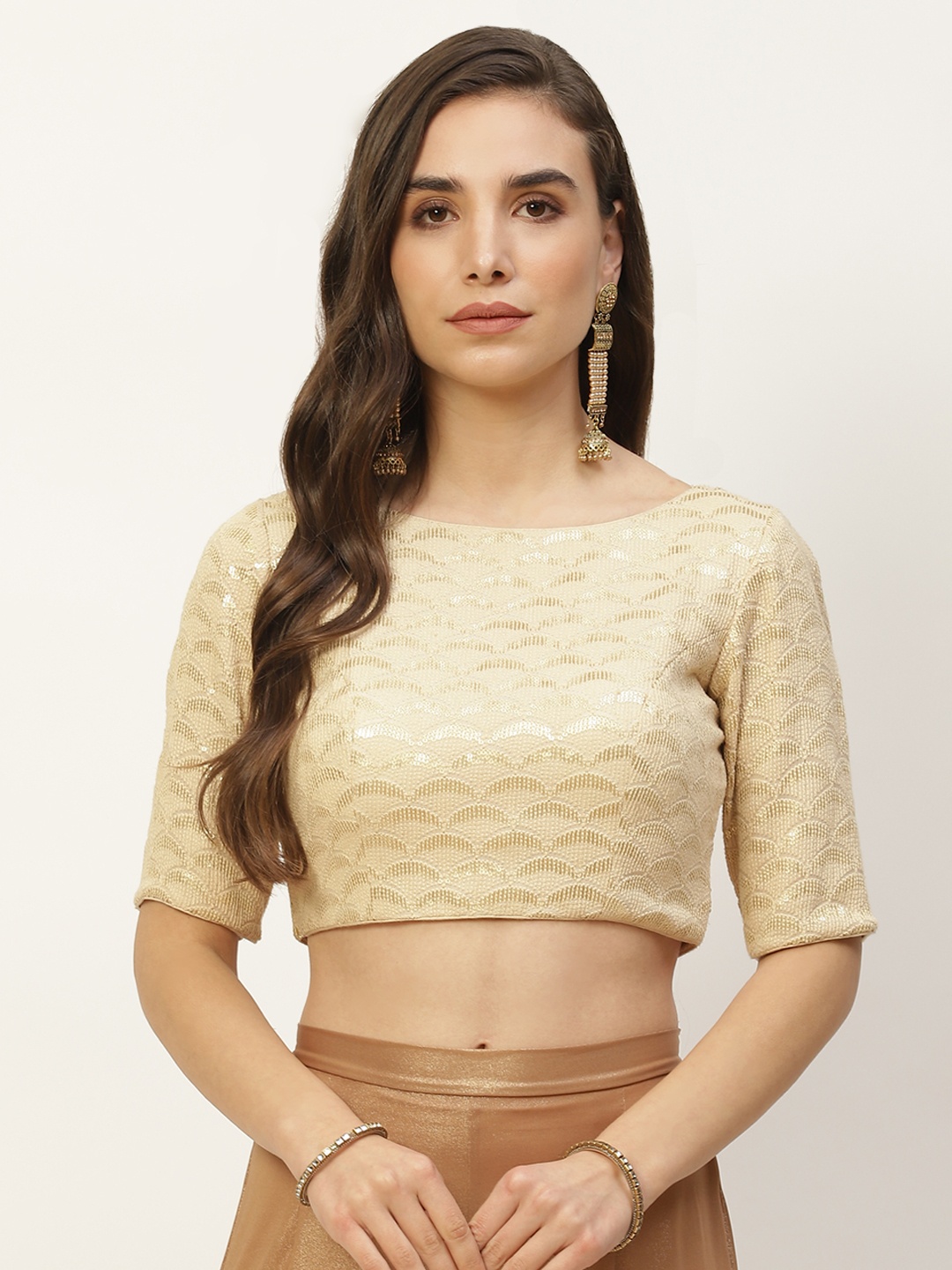 

NDS Niharikaa Designer Studio Women Cream-Coloured Sequinned Padded Saree Blouse