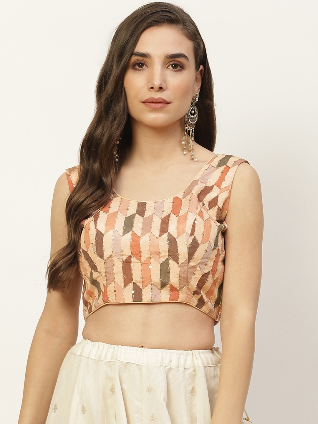 

NDS Niharikaa Designer Studio Women Cream-Coloured Printed Sequinned Padded Saree Blouse