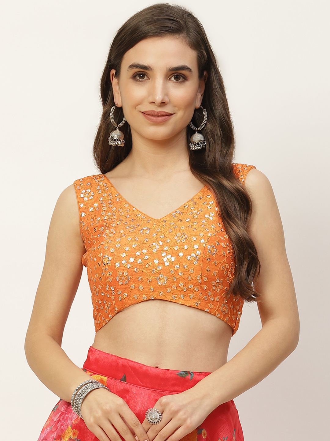 

NDS Niharikaa Designer Studio Women Orange Mirror Work Padded Saree Blouse
