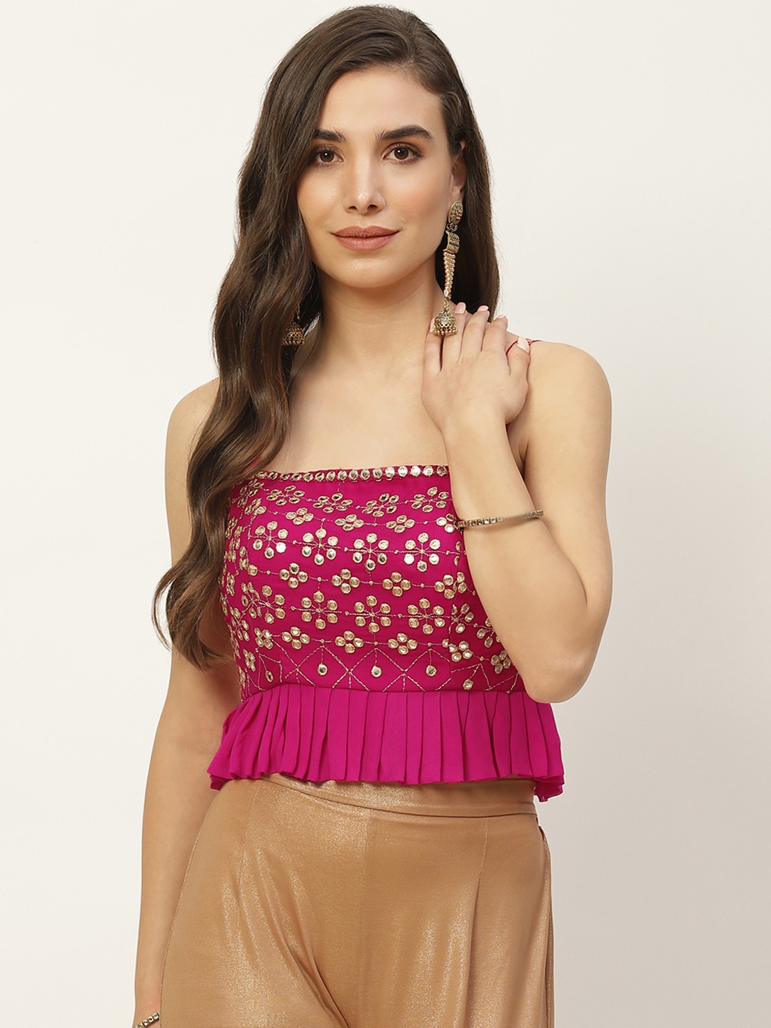 

NDS Niharikaa Designer Studio Women Magenta Mirror Work Peplum Padded Saree Blouse