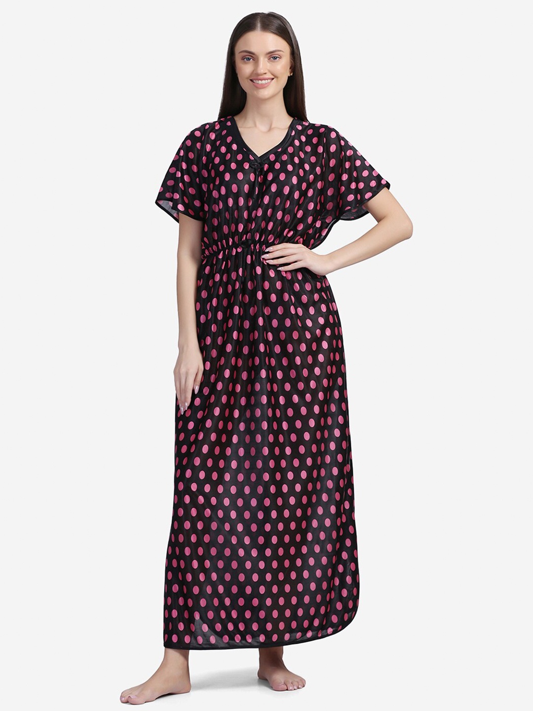 

Sugathari Women Black & Pink Polka Dots Printed Kaftan Nightdress