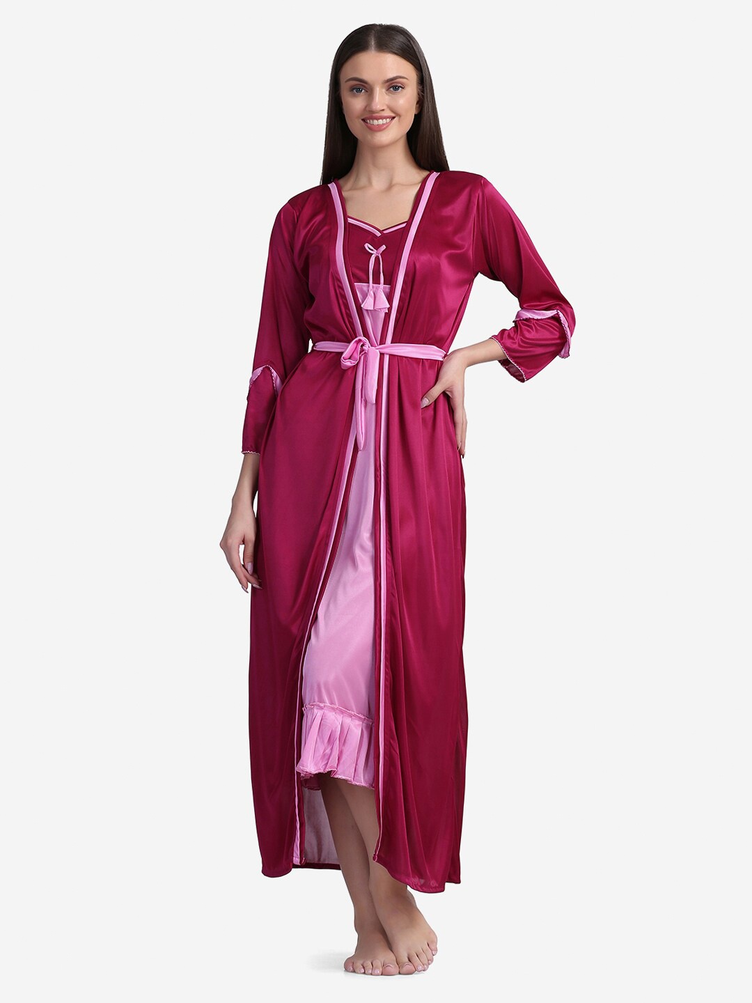 

Sugathari Women Pink Colourblocked Satin Wrap Night Dress