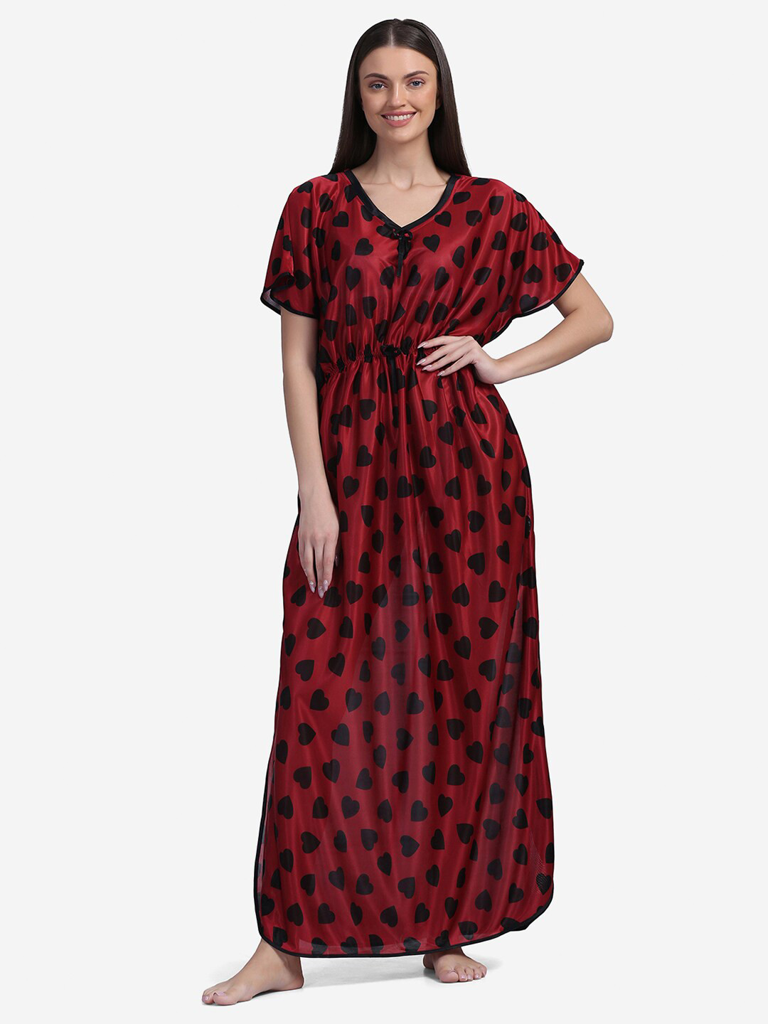 

Sugathari Maroon & Black Heart Printed Satin Maxi Kaftan Nightdress