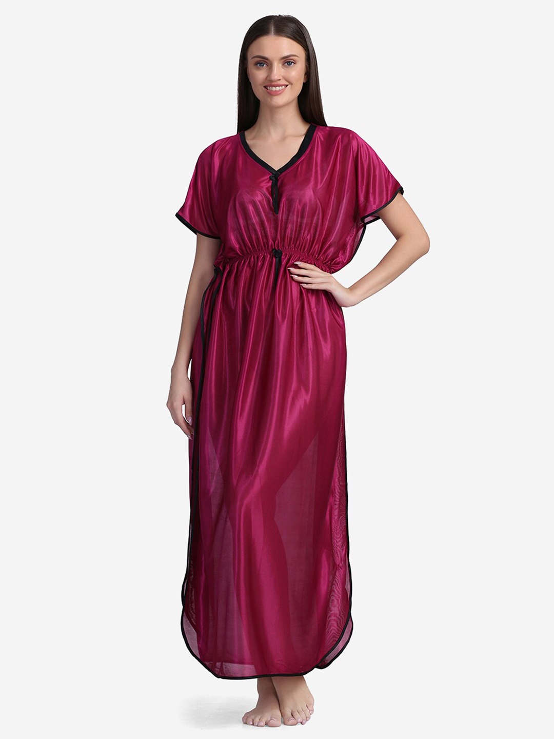 

Sugathari Burgundy & Black Satin Maxi Kaftan Nightdress