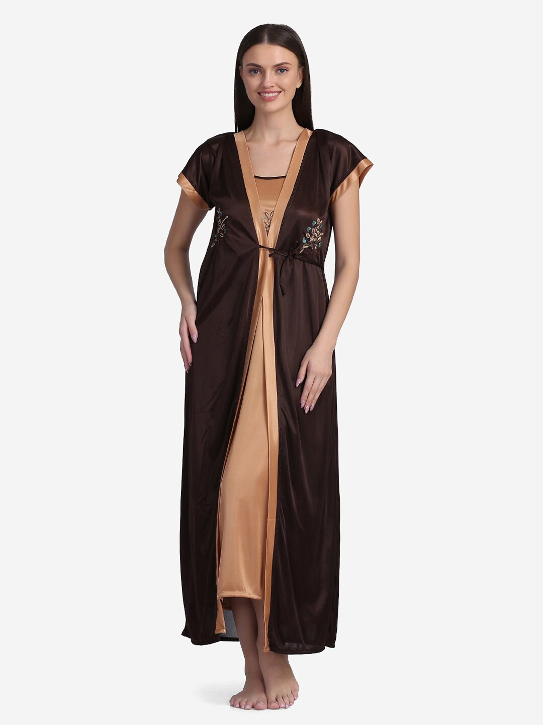 

Sugathari Beige Maxi Satin Nightdress