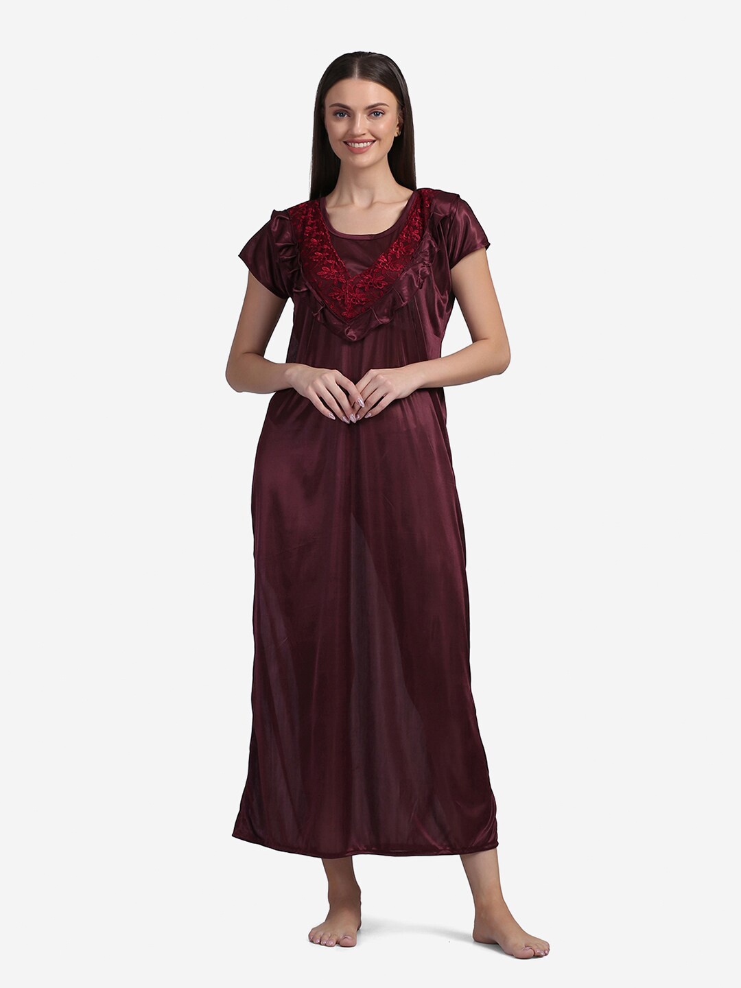

Sugathari Maroon Satin Maxi Nightdress
