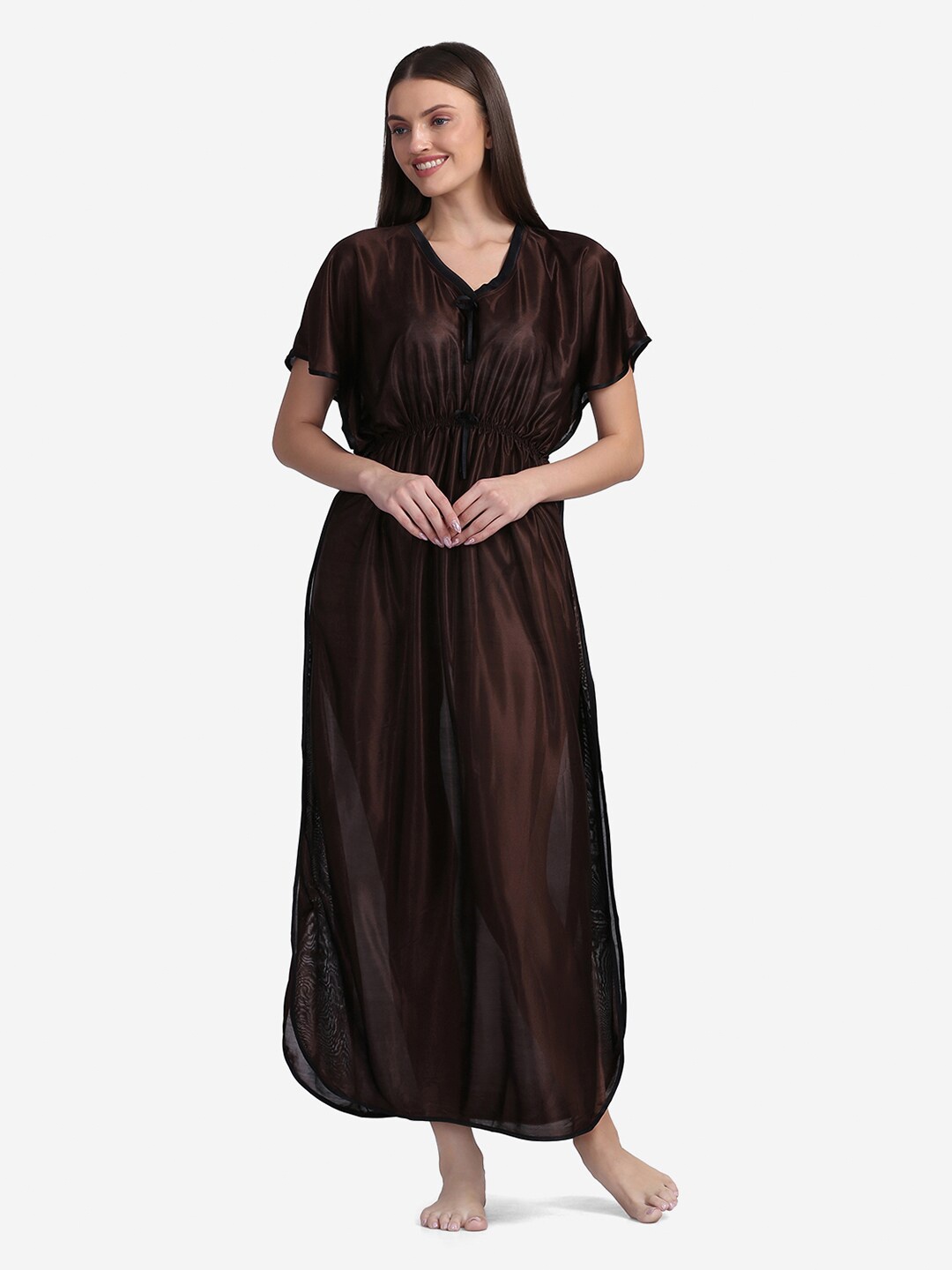 

Sugathari Women Brown Solid Satin Kaftan Nightdress