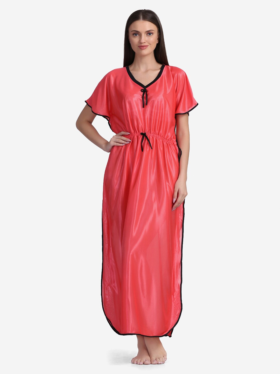 

Sugathari Coral & Black Satin Maxi Kaftan Nightdress