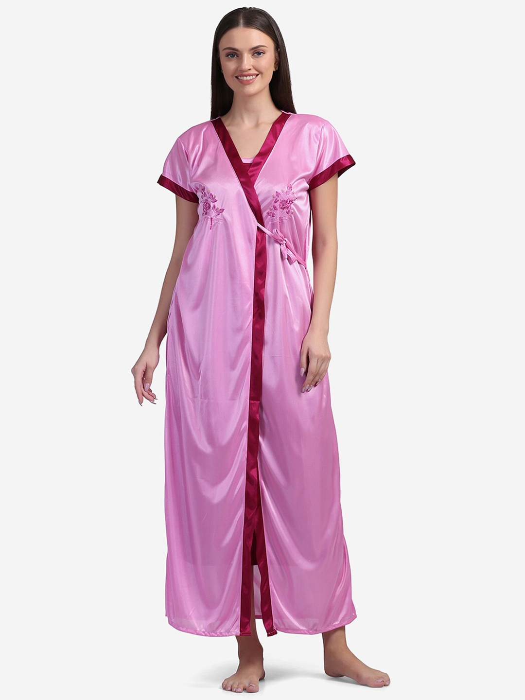 

Sugathari Pink & Maroon Embroidered Nightdress With Robe