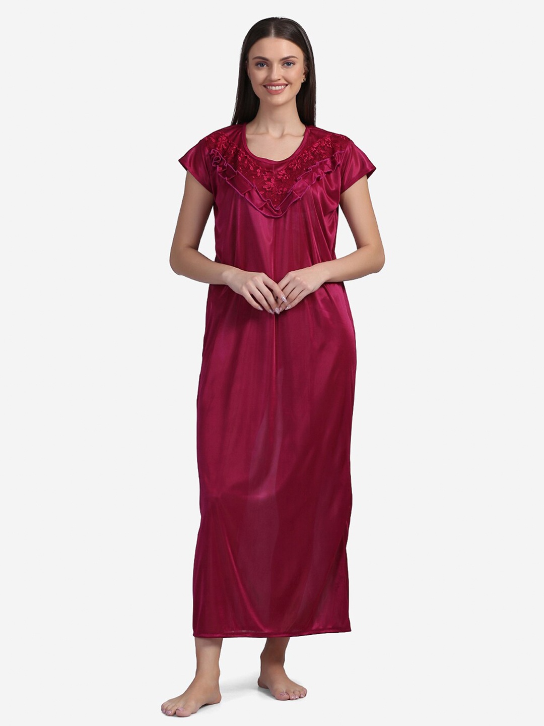 

Sugathari Magenta Satin Maxi Nightdress