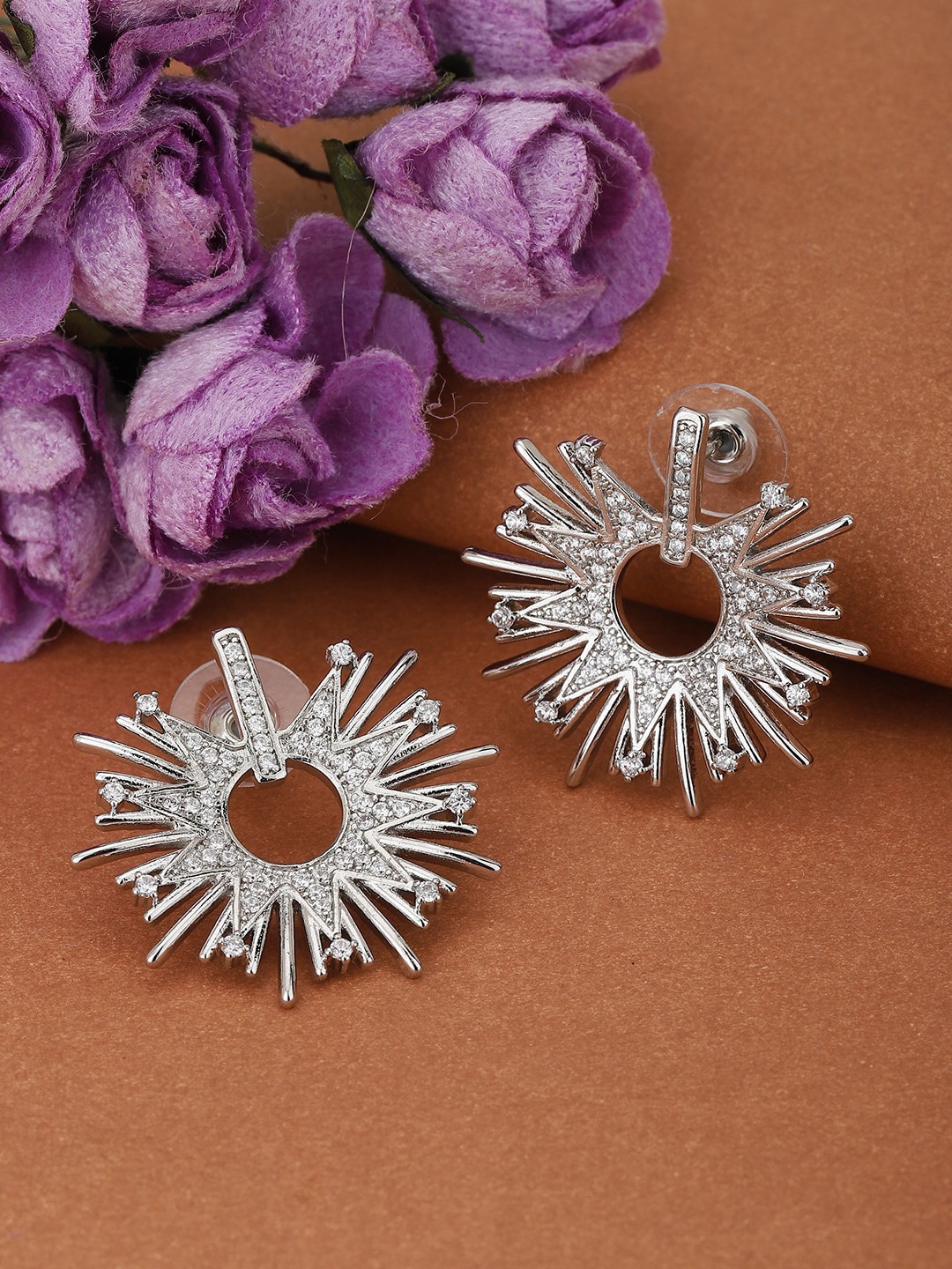 

Carlton London Silver-Toned Rhodium Plated Handcrafted CZ Studded Oversized Studs