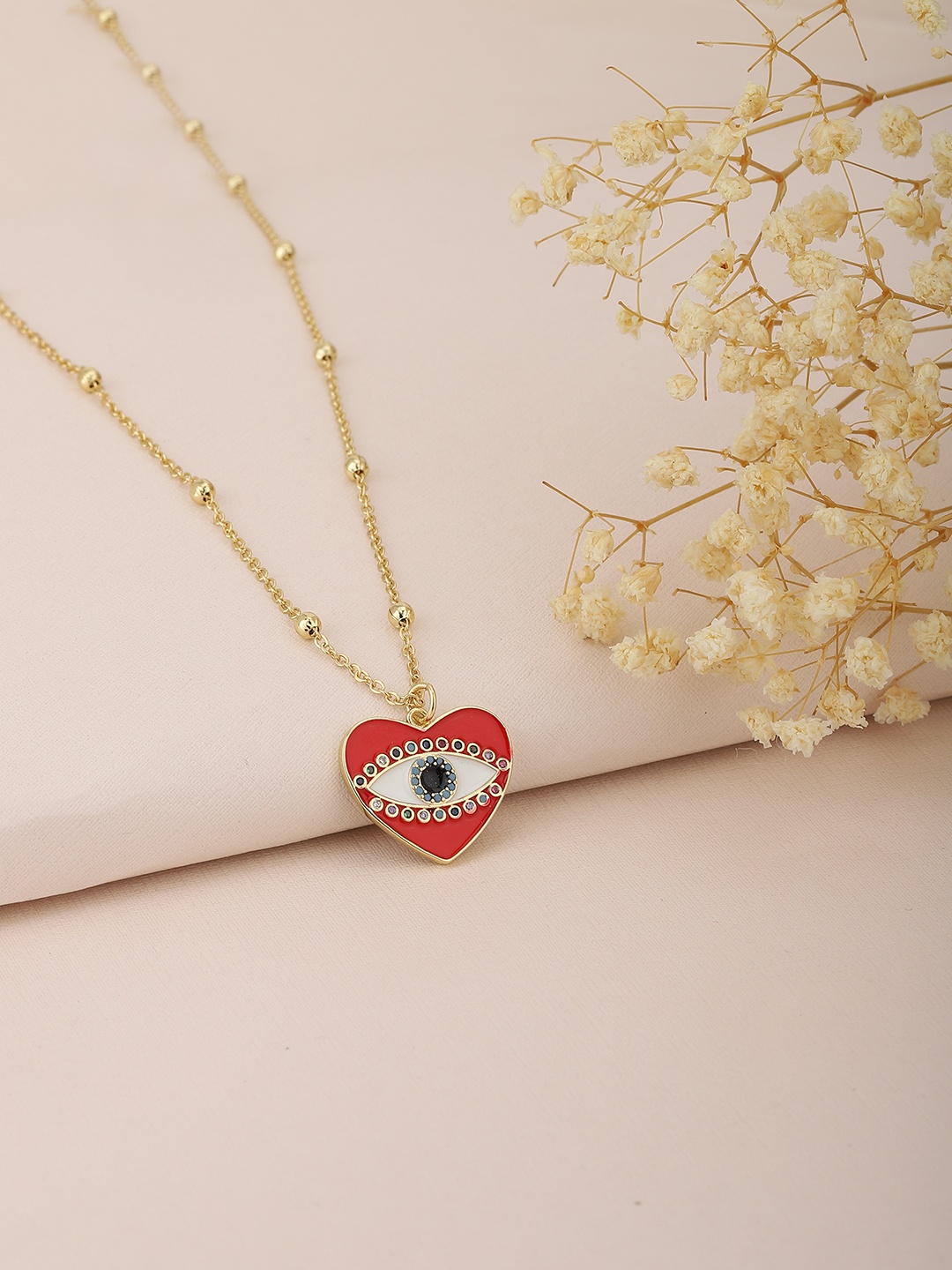 

Carlton London Gold-Toned & Red Brass Evil Eye Heart Shaped Stone Studded Necklace