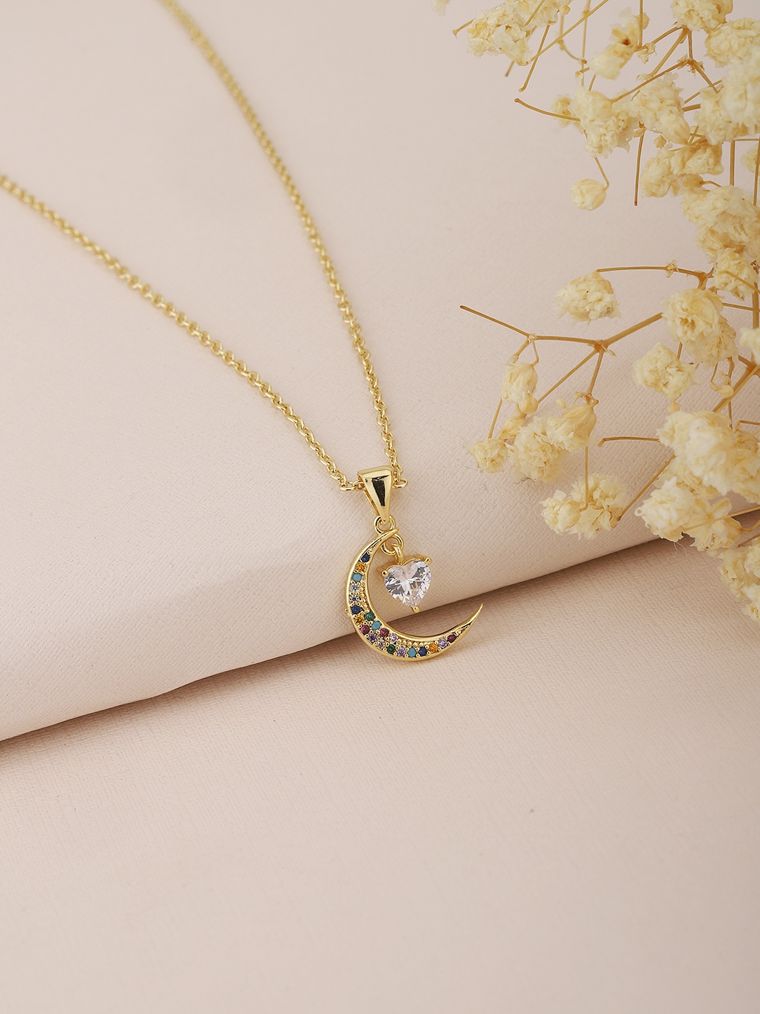 

Carlton London Gold-Plated CZ Studded Moon Shaped Pendant with Chain