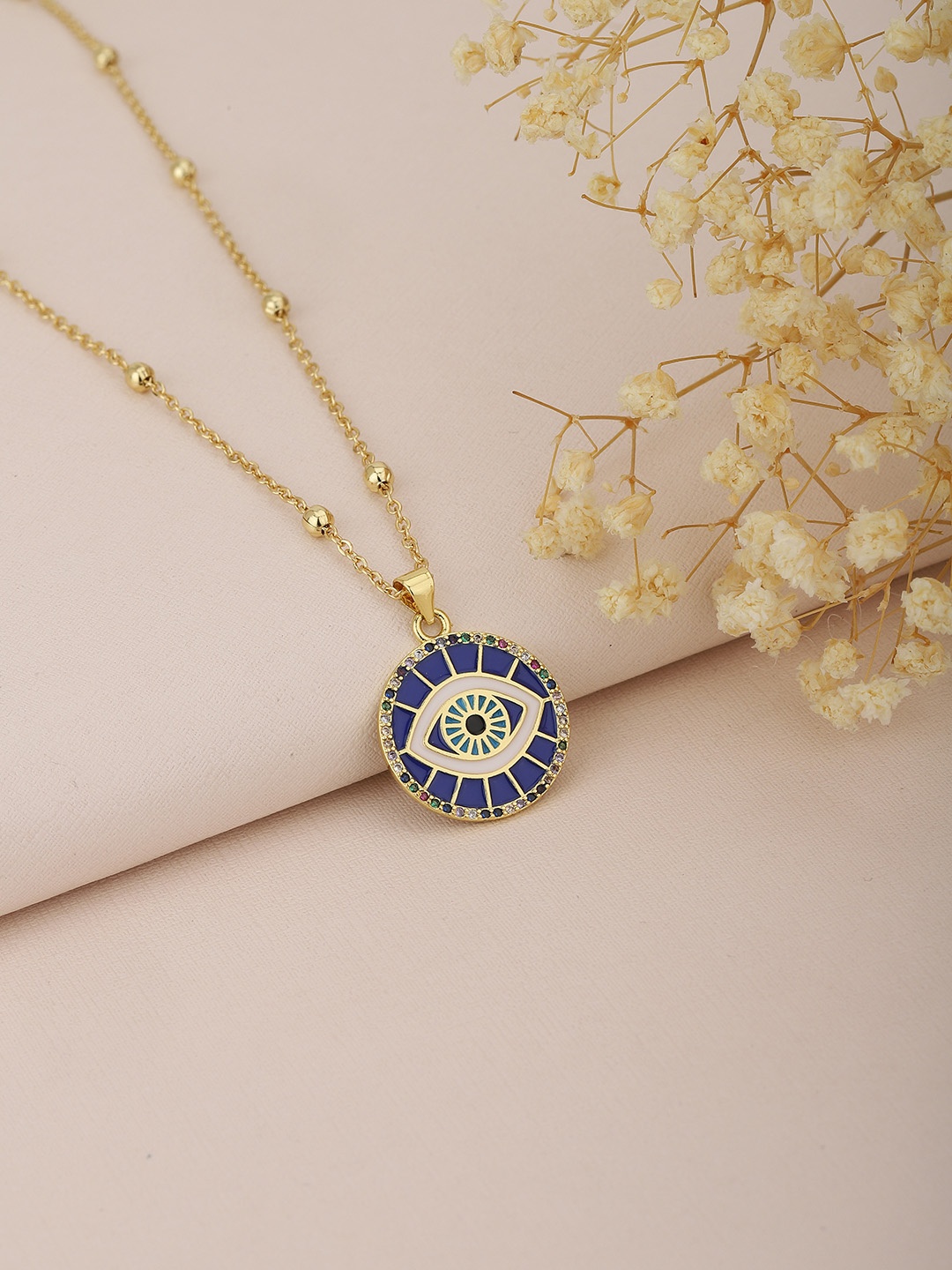 

Carlton London Navy Blue Gold-Plated CZ-Studded Evil Eye Enamelled Necklace