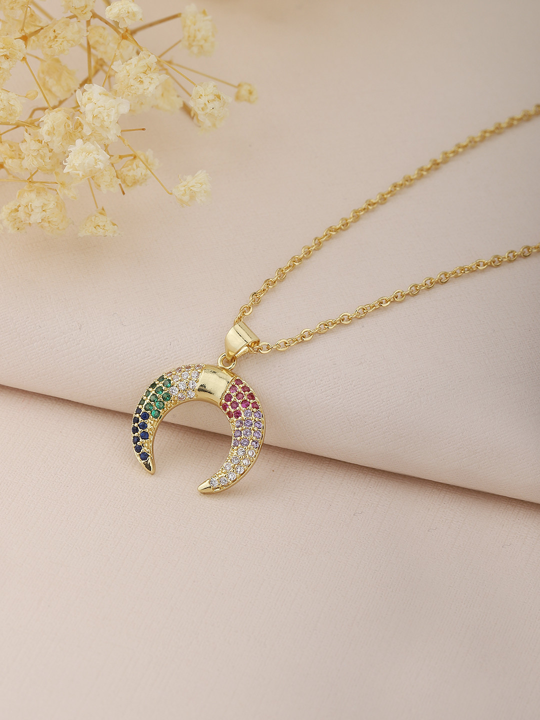 

Carlton London Gold-Plated CZ-Studded Crescent Moon-Shaped Necklace