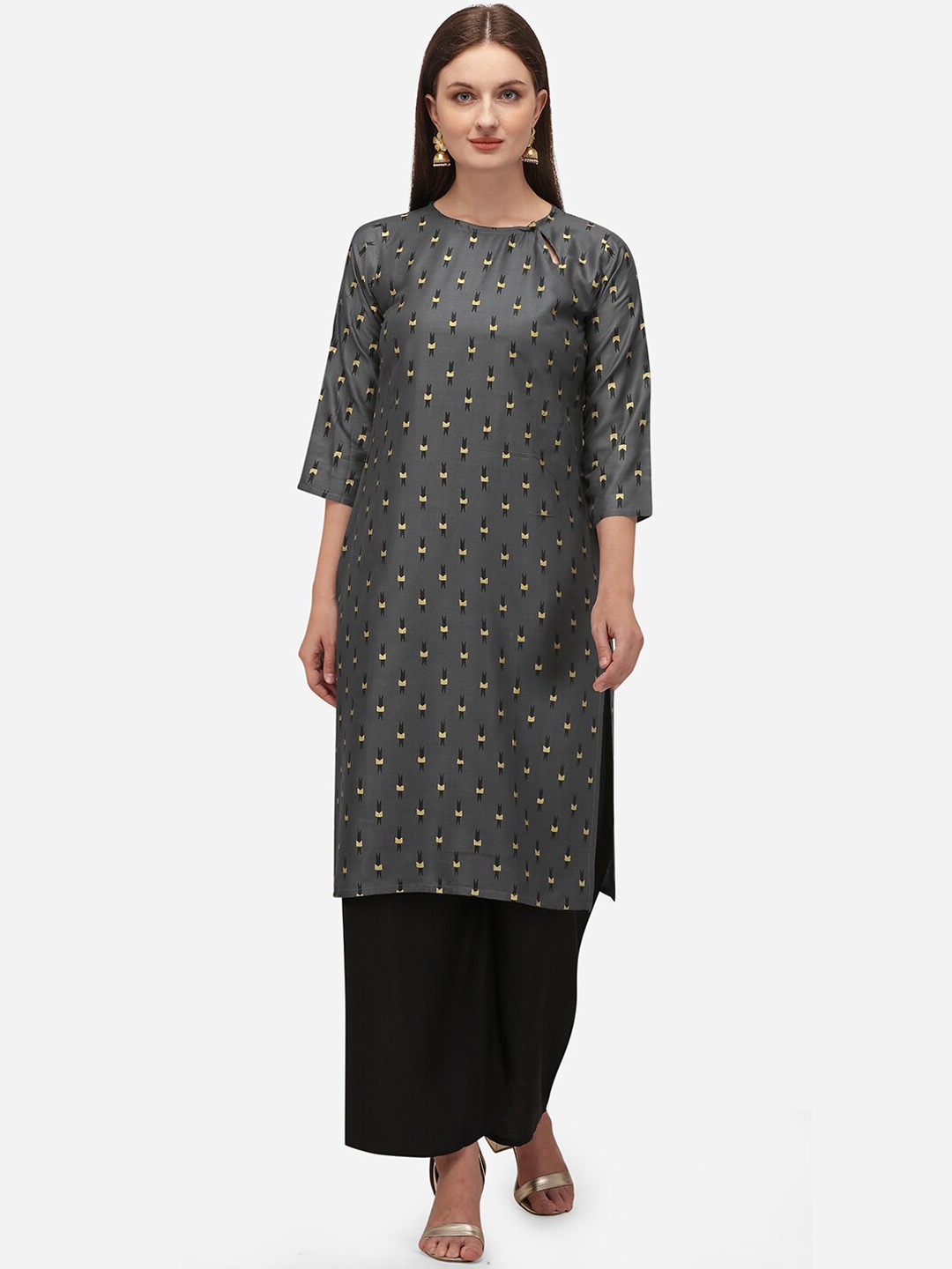 

Nimayaa Women Charcoal Grey Geometric Printed Regular Kurta with Palazzos