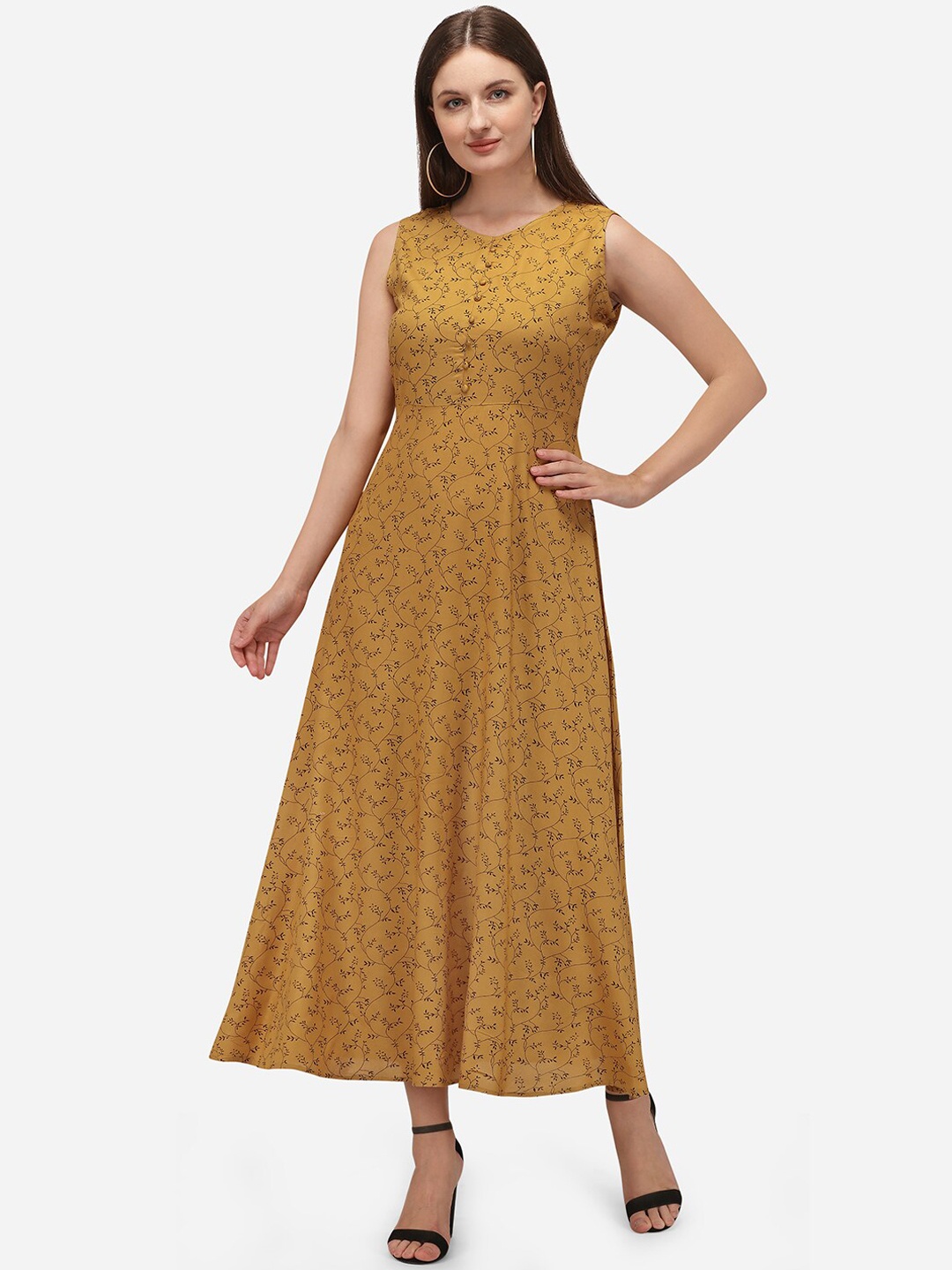 

Nimayaa Women Mustard Yellow Floral Printed Flared Sleeves Mirror Work Floral Kurta
