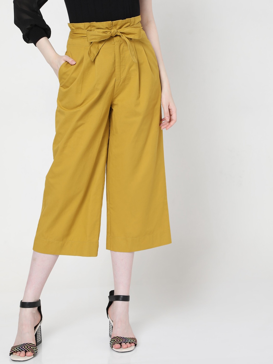 

Vero Moda Women Mustard Yellow Flared High-Rise Pleated Culottes Trousers