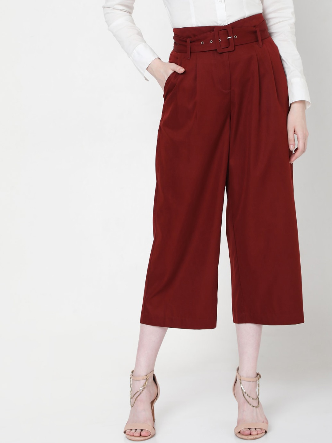 

Vero Moda Women Red Flared High-Rise Pleated Culottes Trousers