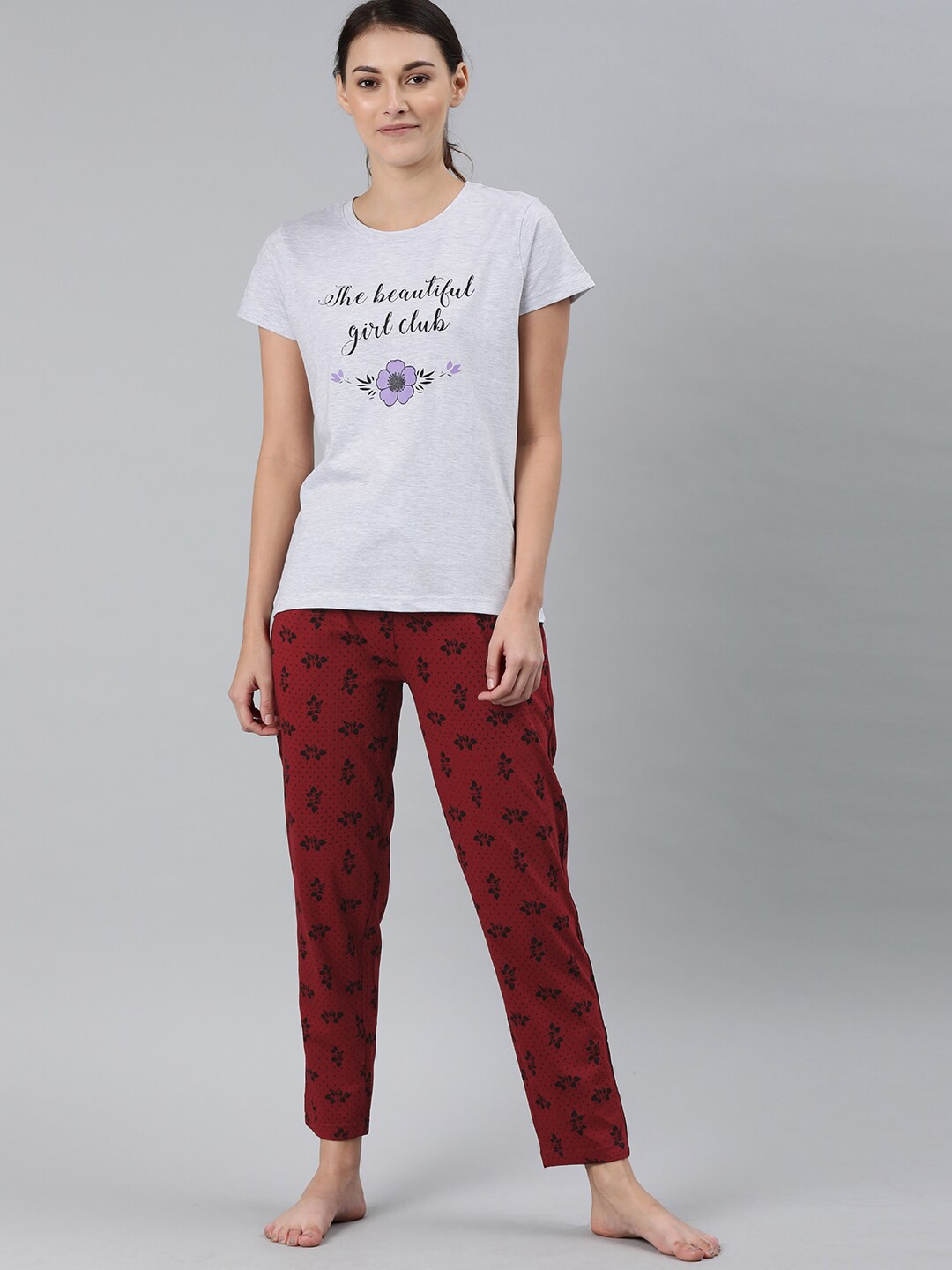 

Enviously Young Women Grey Melange & Maroon Printed Pure Cotton Night suit