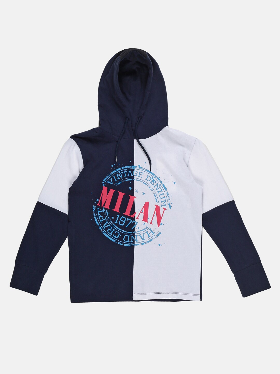 

UrGear Boys Navy Blue & White Colourblocked Hooded Cotton T-shirt