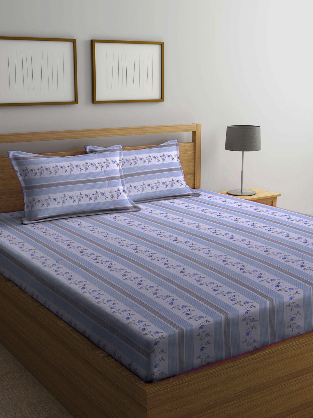 

KLOTTHE Blue & Grey Floral 210 TC Pure Cotton King Bedsheet with 2 Pillow Covers