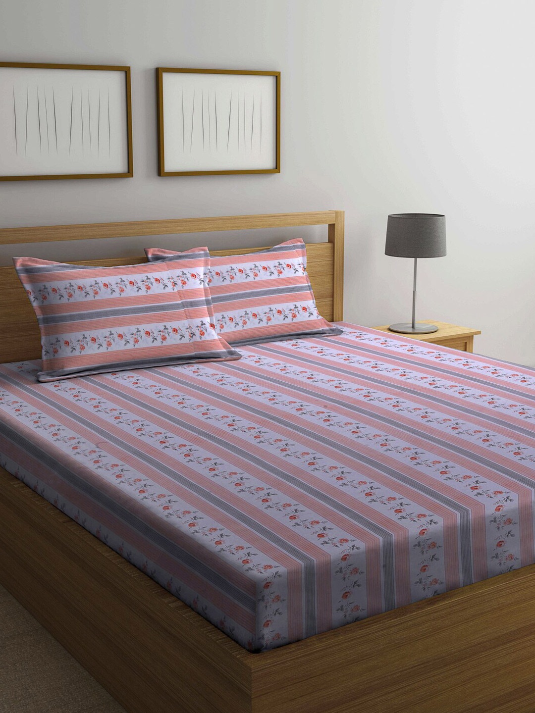 

KLOTTHE Orange & Grey Floral 210 TC King Bedsheet with 2 Pillow Covers