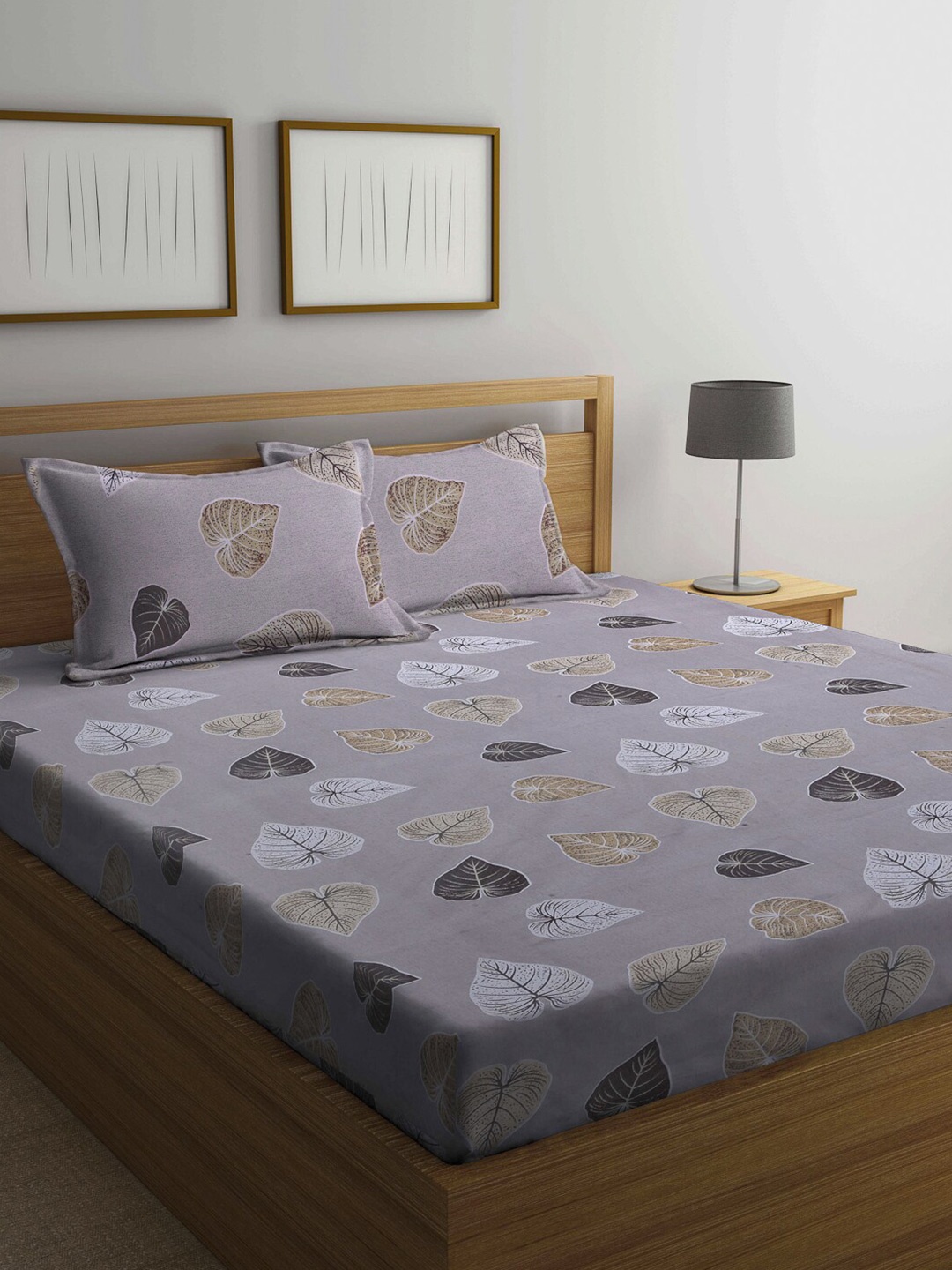 

KLOTTHE Grey & Brown Floral Pure Cotton 210 TC King Bedsheet with 2 Pillow Covers