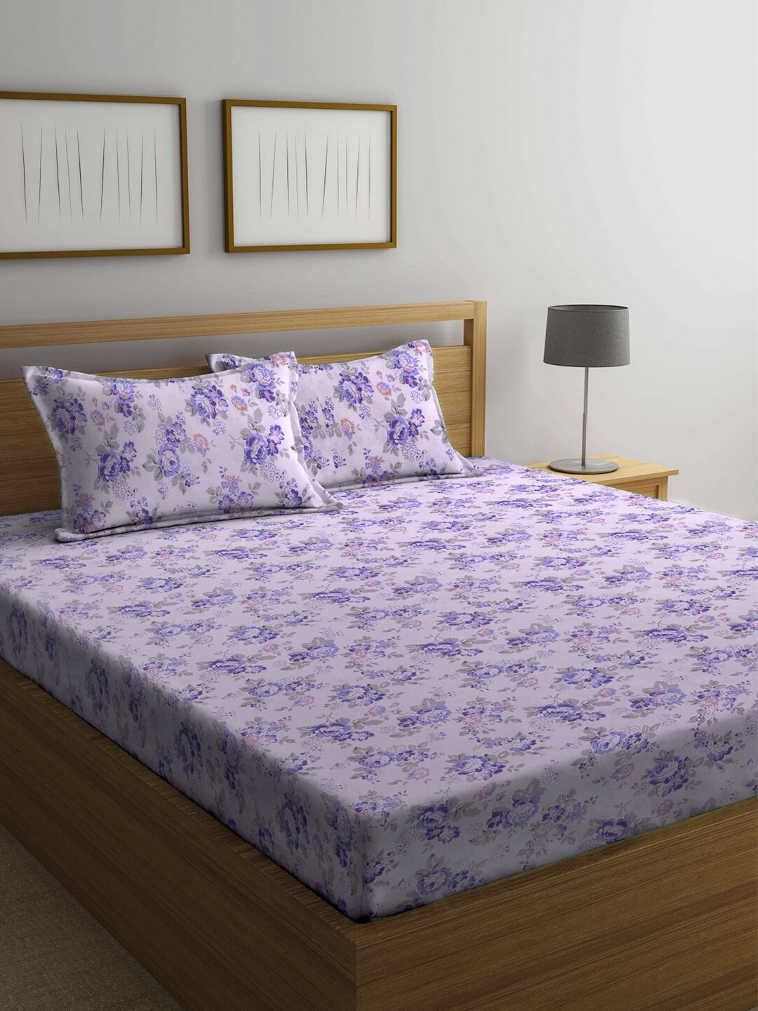 

KLOTTHE Purple & Grey Floral 210 TC King Bedsheet with 2 Pillow Covers