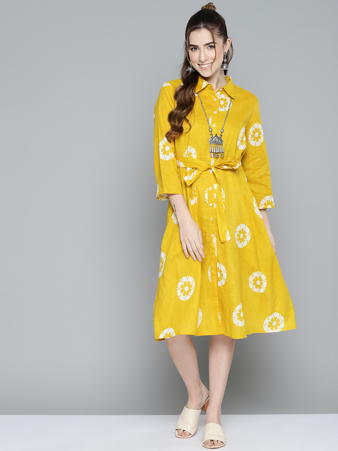 

HERE&NOW Mustard Yellow & Off White Pure Cotton Floral Print Shirt Dress
