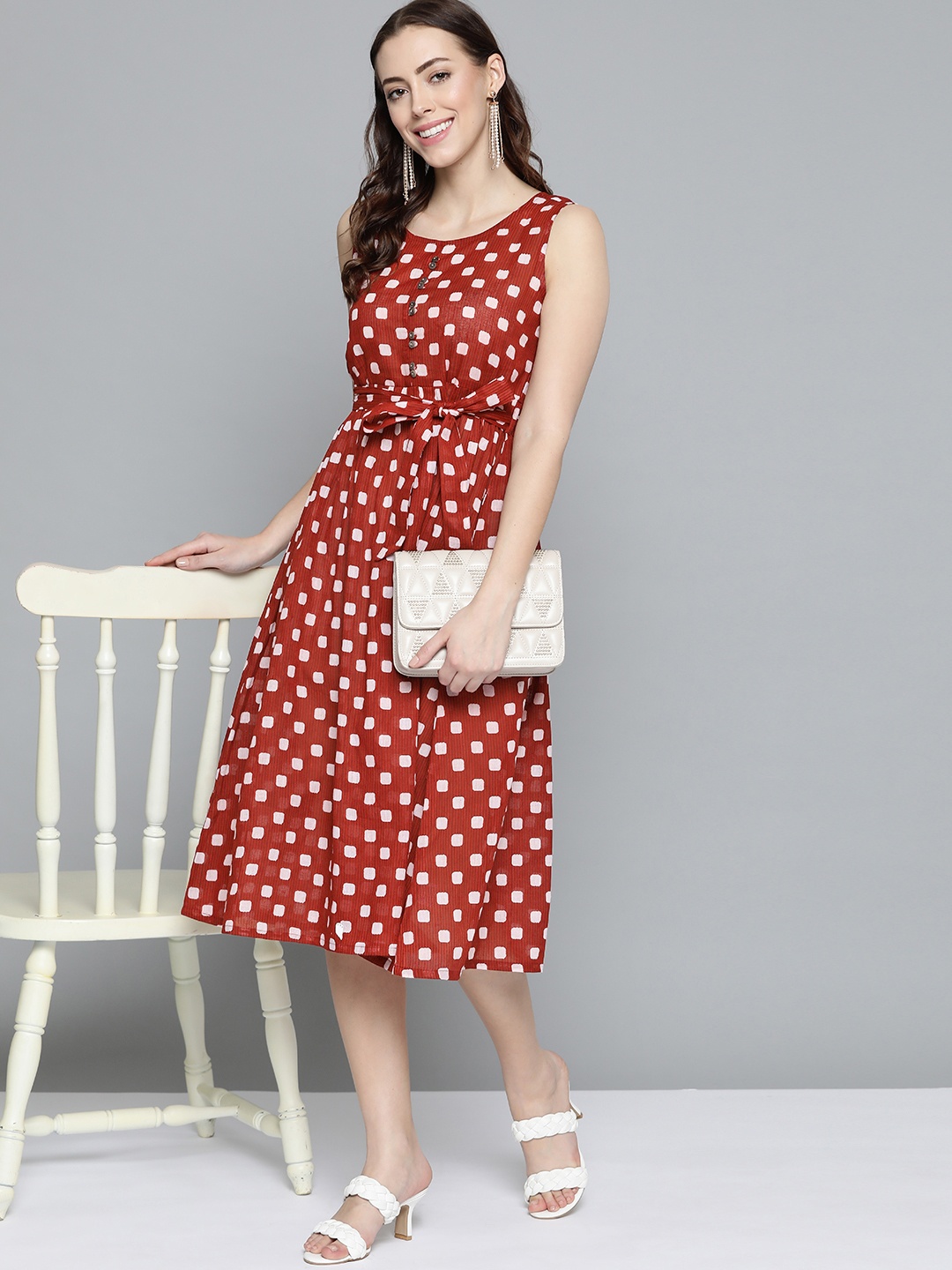 

HERE&NOW Women Red Geometric Printed Pure Cotton A-Line Midi Dress