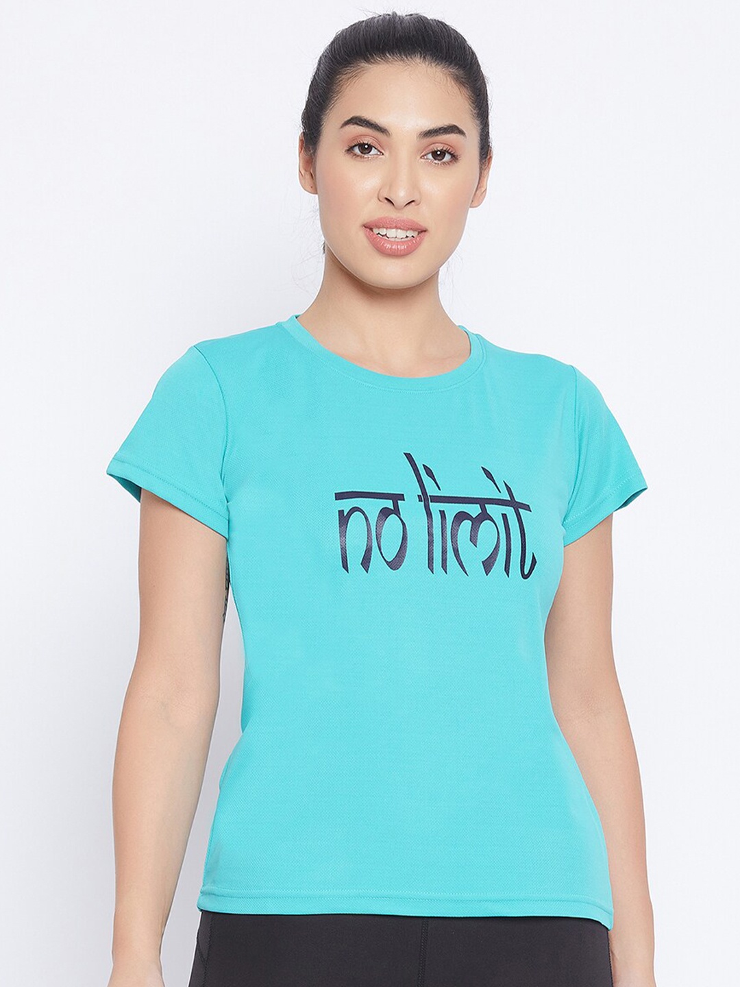 

Clovia Women Teal Typography Printed Training or Gym T-shirt
